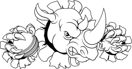 A Rhino Rhinoceros mean tough cartoon sports animal mascot holding a cricket ball