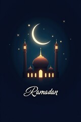 Ramadan mosque with crescent moon and stars at night
