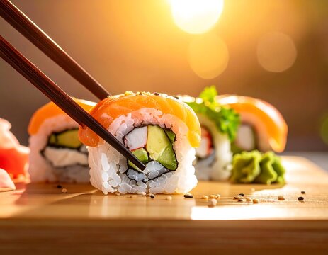 Close-up of sushi rolls with chopsticks, bright sunlight