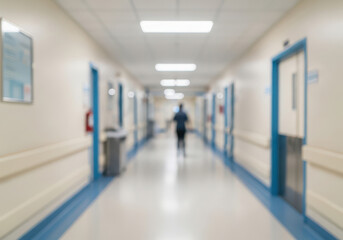 Blurred hospital corridor with medical staff walking away inside