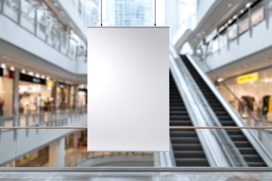 Modern shopping mall features a blank white banner hanging prominently in the center, inviting promotions or announcements in a bright and airy space with escalators nearby