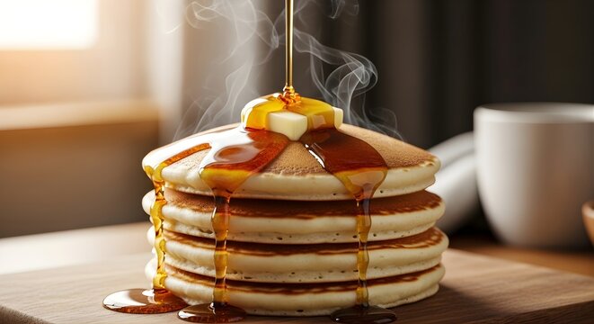 Fluffy Pancake Stack with Pouring Maple Syrup - Golden Butter Melting - Breakfast Food Photography