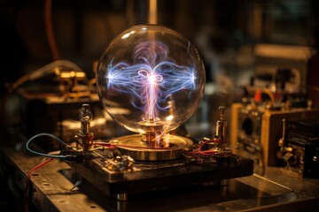 Naklejka premium Spectacular science experiment showcasing a glass dome with electric plasma arcs during a demonstration in a laboratory setting