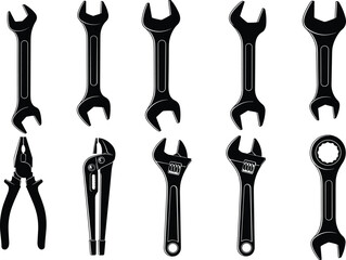 Set of hand tool silhouettes, wrench, spanner, pliers, adjustable wrench vector illustration for mechanic, repair, and workshop