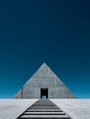 Symmetrical View of a Modern Concrete Pyramid Mausoleum Under a Clear Blue Sky.