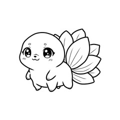 Cute cartoon fantasy creature line art drawing with a large, elaborate lotus flower or leaf-like tail. Kawaii style vector illustration, nature or plant mascot concept