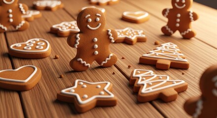 Close-up shot of various gingerbread cookies with white icing on a wooden surface.