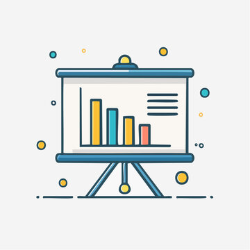 A colorful illustration of a presentation screen with a bar graph on an easel, surrounded by floating dots and lines on a white background.