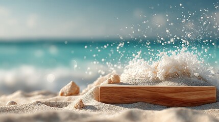 Wooden podium on sandy beach with ocean waves and water splashes.