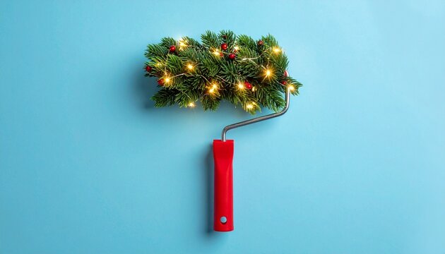 Paint roller wrapped in pine branches, cones, and Christmas lights on blue background.
