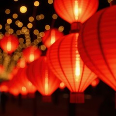 Vibrant red chinese lanterns glowing in the night sky