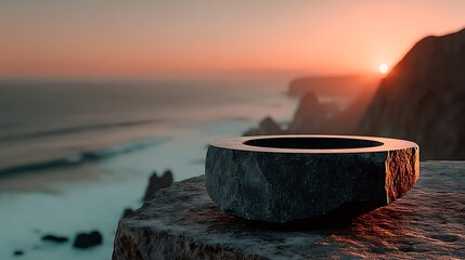 Mysterious stone bowl on a cliff overlooking a vibrant sunset ocean.