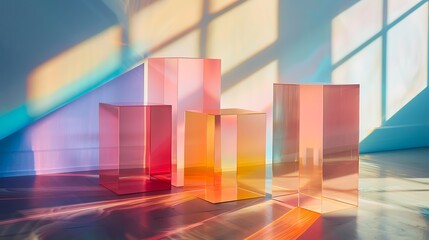 Vibrant Light Play on Translucent Rectangular Blocks Creating Colorful Reflections and Shadows.