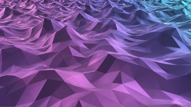 Seamless loop of a sharp geometric pattern moving like ocean waves, showcasing a smooth iridescent color gradient shift from cyan to magenta design, data, abstract background