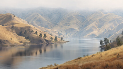 AI-generated image - A serene lake surrounded by soft golden hills, calm reflective water, and a peaceful misty atmosphere creating a tranquil natural landscape.