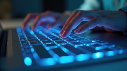 Close up of hands typing on a glowing blue backlit keyboard in the dark
