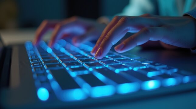 Close up of hands typing on a glowing blue backlit keyboard in the dark