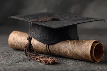 Obraz premium Black mortarboard cap resting on a rolled diploma with a brown tassel in a dimly lit setting celebrating college graduation achievements