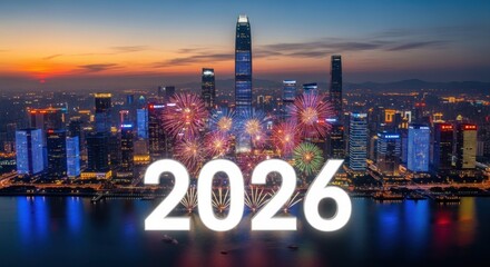 City skyline at sunset with fireworks and numerical text 2026