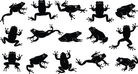 Set of frog silhouettes, amphibian animal icons, black toad collection, jumping and sitting poses, nature wildlife vector illustration, isolated shapes
