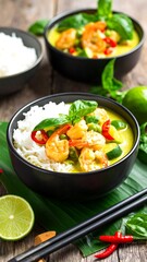 Close-up of yellow curry with shrimp, rice, basil, and chilies
