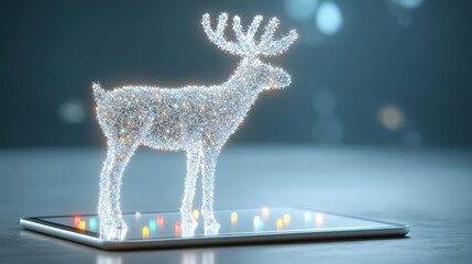 A sparkling, illuminated deer figure stands on a tablet, blending technology and festive decoration in a modern, artistic display, Christmas hologram with AI