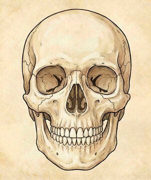 Antique Pen and Ink Anatomical Drawing of Human Skull Anterior View showing Facial Bones