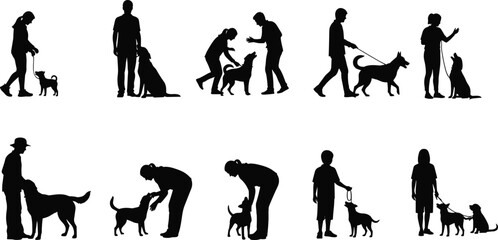Set of people with dogs silhouettes, walking, training and petting animals, pet owner vector collection isolated on white background
