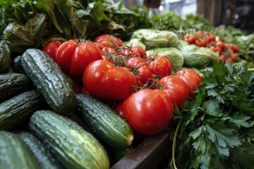 Freshly picked organic tomatoes, cucumbers, and leafy greens on display in a vibrant market environment during daylight hours