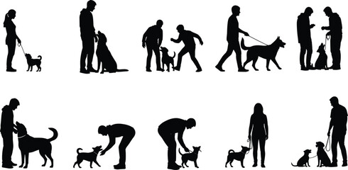 Set of people with dogs silhouettes, walking, training and playing with pets, owner and animal vector collection isolated on white
