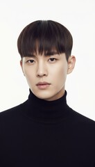 Portrait of a handsome young man in a black turtleneck against a white background