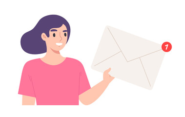 Young woman holding unread e-mail isolated on white background. Concept of receiving mail, business character, connection, communication. Flat vector illustration.