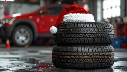 Stacked car tires with Santa hat in festive garage setting.