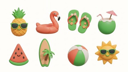 Collection of summer vacation objects isolated on white background