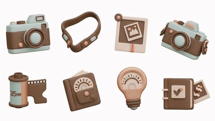Collection of vintage photography items isolated on white background