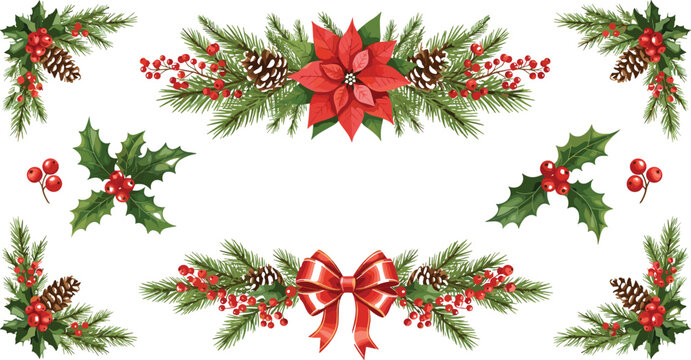 Christmas border with poinsettia, pinecones, berries, holly leaves, festive ribbon, winter floral frame, holiday greeting card design, seasonal decoration - Powered by Adobe