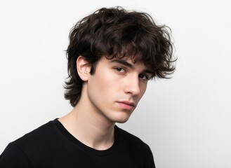 Young man with dark curly hair and a black t-shirt