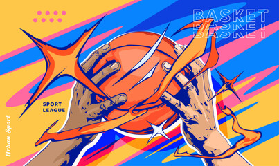 basketball championship banner with dynamic hands holding a ball. Vibrant sports theme with energetic star elements for tournament branding, athletic posters, and league promotional materials. Sports 