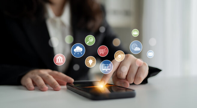 Set of business and digital service icons representing finance, cloud, analytics, email, communication, ecommerce, cybersecurity, and global connectivity in a modern ecosystem Latch - Powered by Adobe