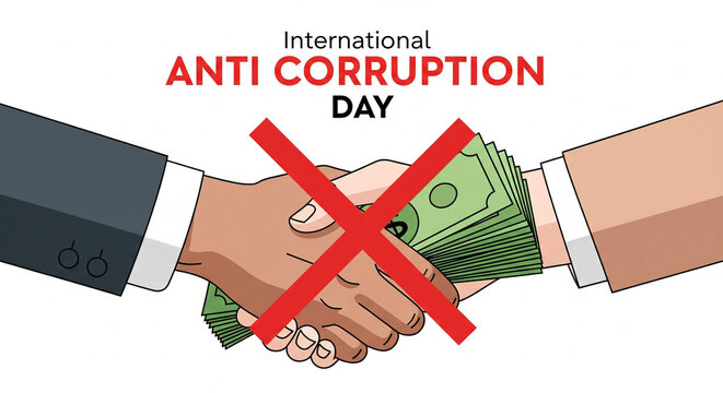 Stop corruption today, illustration showing handshake with money crossed out for International Anti Corruption Day, promote ethical business practices with this design