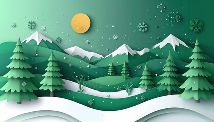 Stylized paper-cut design of a peaceful winter forest landscape with snow and moonlight