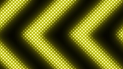 Seamless pattern of glowing yellow led lights forming chevron or arrow shapes against a dark background 4k video