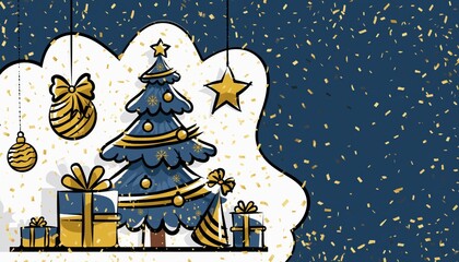 Festive Christmas Tree with Gifts and Ornaments, Sparkling Confetti