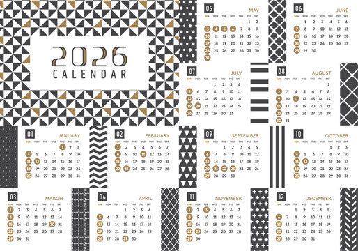 2026年　幾何学模様のオシャレな年間カレンダー