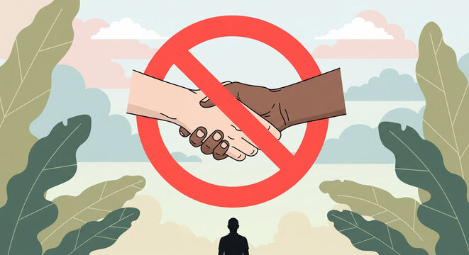 Promoting social distancing and diversity awareness with diverse hands, a symbol of unity crossed by the no sign, encouraging safety and health during global pandemic