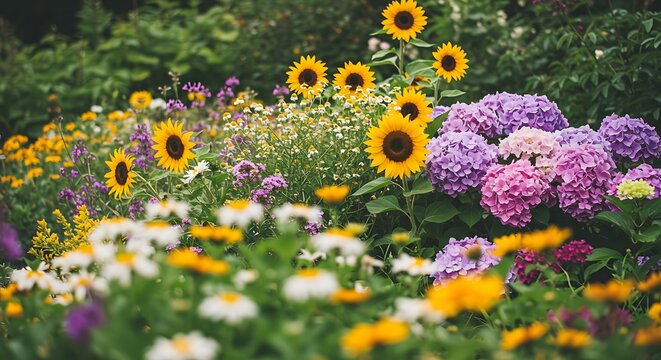 Lush summer garden with vibrant sunflowers, hydrangeas, and wildflowers in full bloom - Powered by Adobe