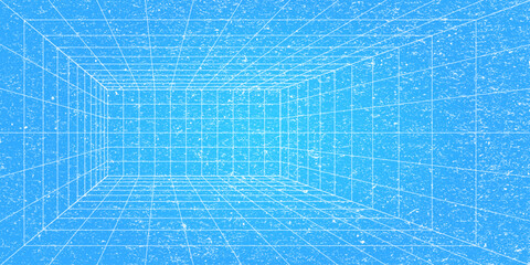 3D wireframe perspective grid room template design vector illustration background. Empty three dimensional virtual room perspective wireframe grid geometric sketch. Cyber virtual line interior frame.
