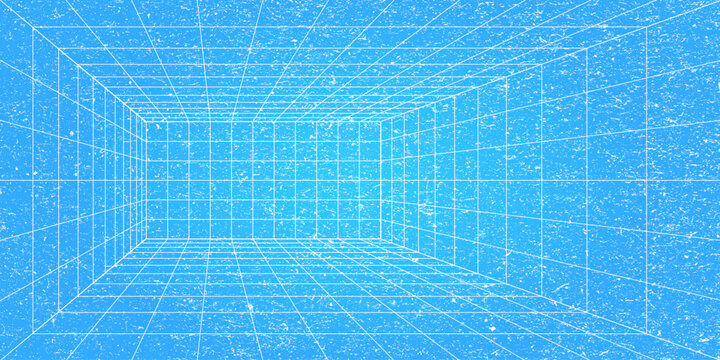 3D wireframe perspective grid room template design vector illustration background. Empty three dimensional virtual room perspective wireframe grid geometric sketch. Cyber virtual line interior frame.