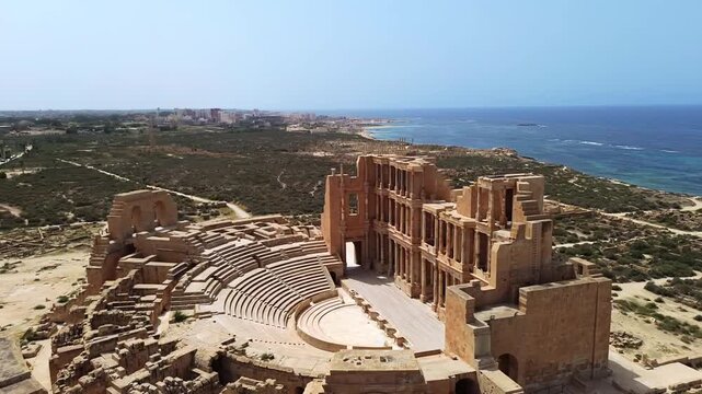 Aerial drone view of the magnificent Roman Theatre of Sabratha, highlighting the detailed columns, arches, and stage area of the ancient structure