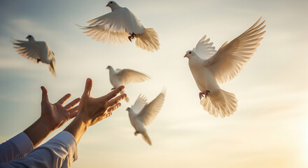 Fototapeta premium Hands releasing white doves into a bright sky. Great for peace campaigns, religious visuals, wedding imagery, and hope concepts.
